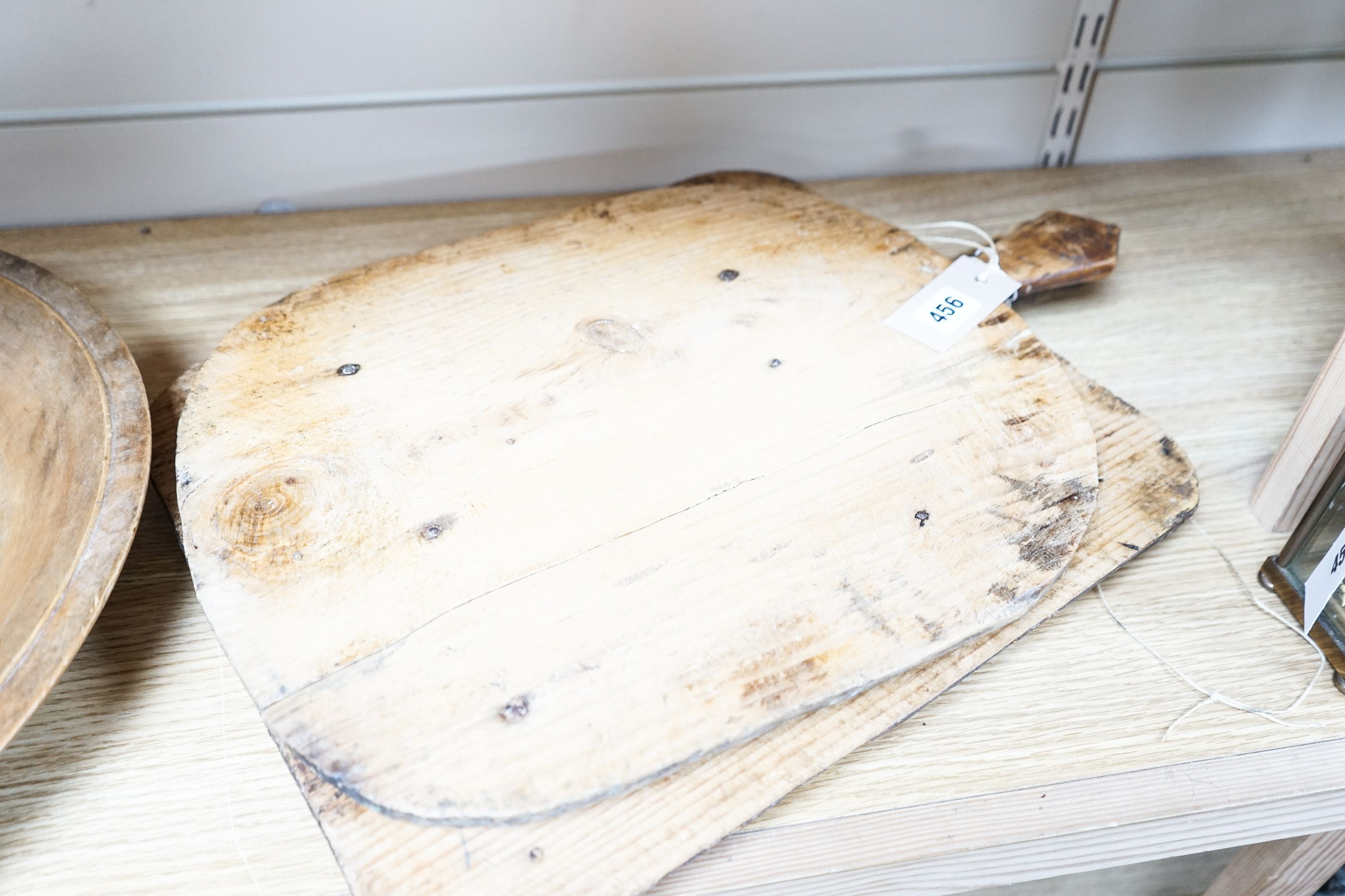 A large sycamore dish and two pine chopping boards 44cm